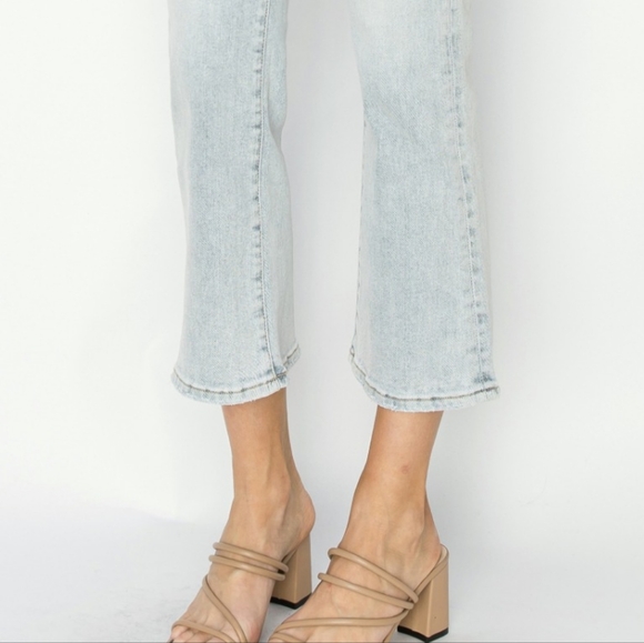 RISEN High-Rise Waist Skinny Fit Denim Pants Cropped Wide Flare Hem Blue Jeans - Picture 13 of 16